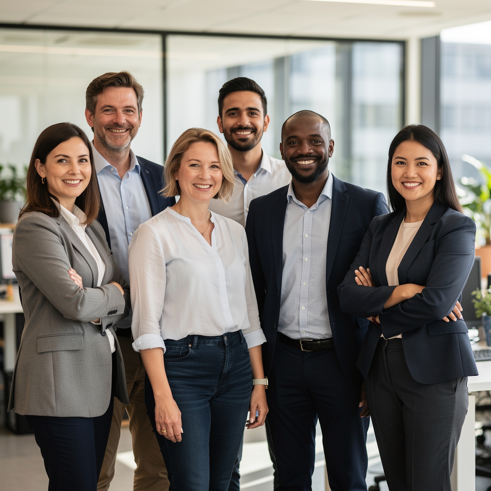 Diverse team of professionals collaborating happily in an office