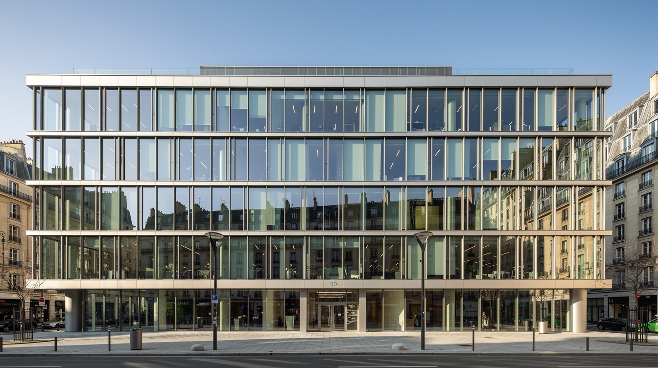 Modern glass office building facade under a clear sky