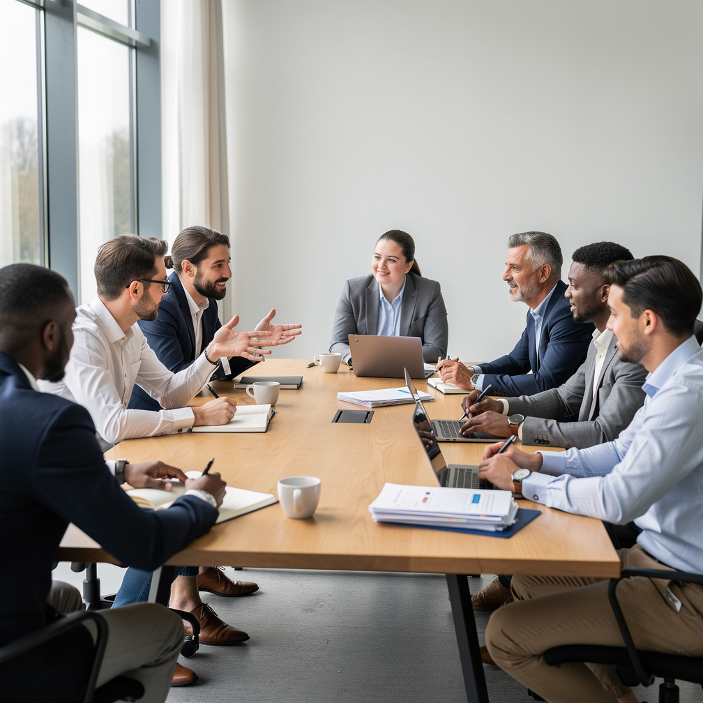 Diverse group of professionals discussing around a table during a management session